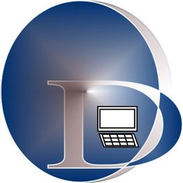 Letra "D" com um laptop sobreposto, dentro de um círculo azul.