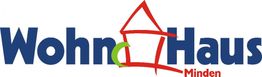 Logo des Wohnhauses Minden mit stilisiertem Haus in Rot und Blau.
