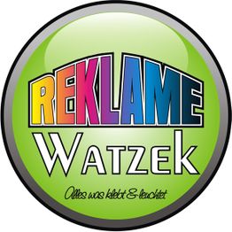 Grünes Logo mit der Aufschrift "Reklame Watzek" und dem Slogan "Alles was klebt & leuchtet".