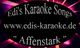 Schwarzer Oval mit weißem Text: "Edi's Karaoke Songs", URL und "Affenstark" auf pink-rotem Hintergrund.