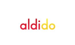 Rote und gelbe Schrift "aldido" auf weißem Hintergrund.