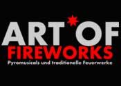 Text: "Art of Fireworks - Pyromusicals und traditionelle Feuerwerke" auf schwarzem Hintergrund.