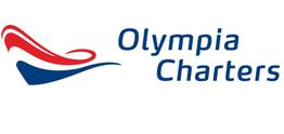 Logo van Olympia Charters met gestileerde rode en blauwe boot.
