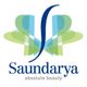 Logo von Saundarya mit farbigen Blattformen und dem Slogan "absolute beauty" darunter.