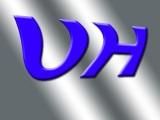 Blaues "VH"-Logo auf grauem, gebändertem Hintergrund.