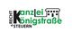 Logo mit Text: "Recht Kanzlei Königstraße Steuern", grüner Text, stilisiertes Haus.