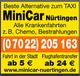 Werbeanzeige für MiniCar Nürtingen, Krankentransporte und Flughafentransfers ab 5 €.