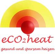 Logo mit gelbem Halbkreis und rotem Punkt. Text: "eCO2heat - gesund und sparsam heizen".