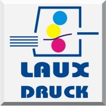 Logo mit blauen, gelben und rosa Kreisen, Text "Laux Druck" darunter.