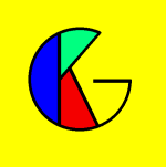 Bunter geometrischer Kreis mit blau, grün, rot auf gelbem Hintergrund, Form eines "G".