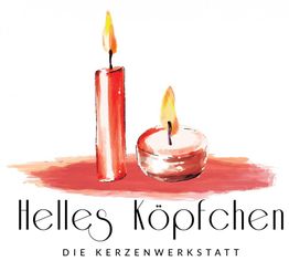 Zwei Kerzen, eine lang und rot, eine rund, mit Flammen. Text: "Helles Köpfchen - Die Kerzenwerkstatt".