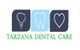 Logo for Tarzana Dental Care with tooth, implant, and heart icons.