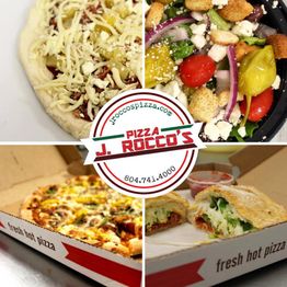 Pizza and salad from J. Rocco's with a pizza box and calzone in a collage layout.