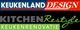 Logo met tekst "KEUKENLAND DESIGN" en "KITCHEN Restyle KEUKENRENOVATIE" in verschillende kleuren.