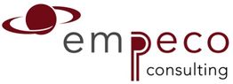 Logo von "empeco consulting" mit rotem planetarischem Symbol.