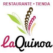 Logo de "La Quinoa" con texto "Restaurante • Tienda" y diseño de hojas y granos.