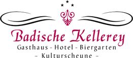 Logo der Badische Kellerey mit Ornamenten und Text zu Gasthaus, Hotel, Biergarten, Kulturscheune.