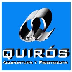 Logo azul de "Quirós Acupuntura y Fisioterapia" con diseño metálico en el fondo.