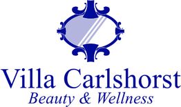Logo von Villa Carlshorst Beauty & Wellness mit ornamentalem, blauem Design oben.