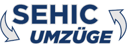 Logo mit Text "SEHIC UMZÜGE" in Blau, umgeben von zwei stilisierten Pfeilen.