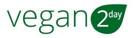 Logo mit dem Text "vegan2day" in Grün, die Zahl "2" steht in einem blattförmigen Kreis.