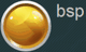 Gelber runder Knopf mit der Aufschrift "bsp" daneben, auf blauem Hintergrund.