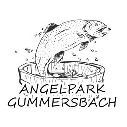 Springender Fisch im Holzfass, Text: "Angelpark Gummersbach".