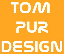 Weißer Text "Tom Pur Design" auf orangem Hintergrund.