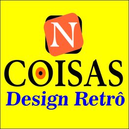 Logotipo com fundo amarelo, letra "N" em laranja e texto "COISAS Design Retrô".