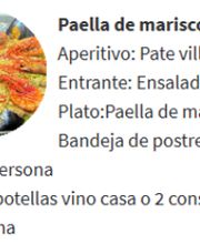 Menú con paella de mariscos y opciones de bebidas y postres por 2 € más por persona.