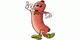 Zeichentrickwurst mit Fliege, Handschuhen und Schuhen, die fröhlich eine Hand hebt.