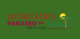 Logotipo com texto "Imobiliária Paraíso" e um desenho de árvore e sol ao fundo. Fundo verde.