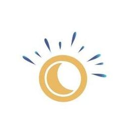 Yellow crescent within a circle, surrounded by blue rays, on a white background.