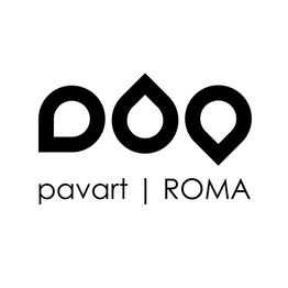 Logo con scritta "pavart | ROMA" e tre simboli stilizzati simili a gocce in bianco e nero.