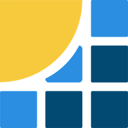 Abstrakte Grafik mit gelben Halbkreis und blauen Formen auf blauem Hintergrund.