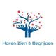 Logo met boom en handvormen, rode sterren; tekst: "Horen Zien & Begrijpen".