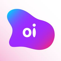 Logo fluido com a palavra "oi" em fundo roxo e gradiente azul/vermelho.