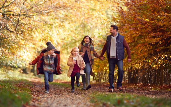 Familie geht im Herbst im Wald spazieren. Die Kinder rennen voraus, die Eltern laufen lachend hinterher.