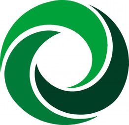 Grünes, spiralförmiges Logo mit ineinander greifenden Formen auf weißem Hintergrund.