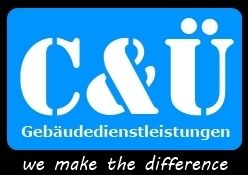 Blaues Logo mit der Aufschrift "C&Ü Gebäudedienstleistungen" und "we make the difference".