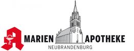 Logo der Marien Apotheke Neubrandenburg mit Gebäude und Apothekenzeichen.