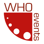 Rotes Logo mit Text "WHO events" und drei weißen Punkten im Halbkreis.