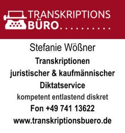 Transkriptionsbüro-Anzeige mit Kontaktinfos für juristische und kaufmännische Transkriptionen.