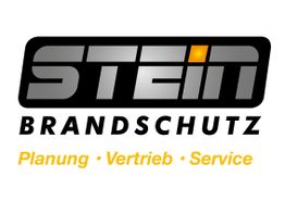 STEIN Brandschutz-Logo, schwarz-grau, mit gelbem Punkt. Text: Planung, Vertrieb, Service.