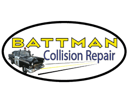 Battman Collision Repair logo with a vintage police car on a black background.