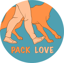 Beine einer Person und eines Hundes im Gleichschritt, Text "PACK LOVE" unten.