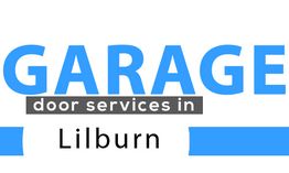 Text: "Garage door services in Lilburn" in bold blue and gray letters.