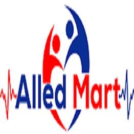 Logo with red and blue stylized figures forming a heart above the text "Allied Mart" with ECG lines.
