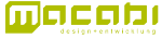 Grünes Logo mit Text "macabi design+entwicklung" in moderner Schriftart.