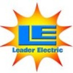 Blue "LE" logo with orange sunburst, text "Leader Electric" below.